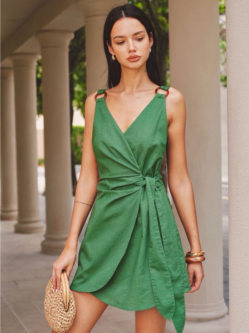 Commense Emerald Green Wrap Mini Dress with Ring-Strap Detail